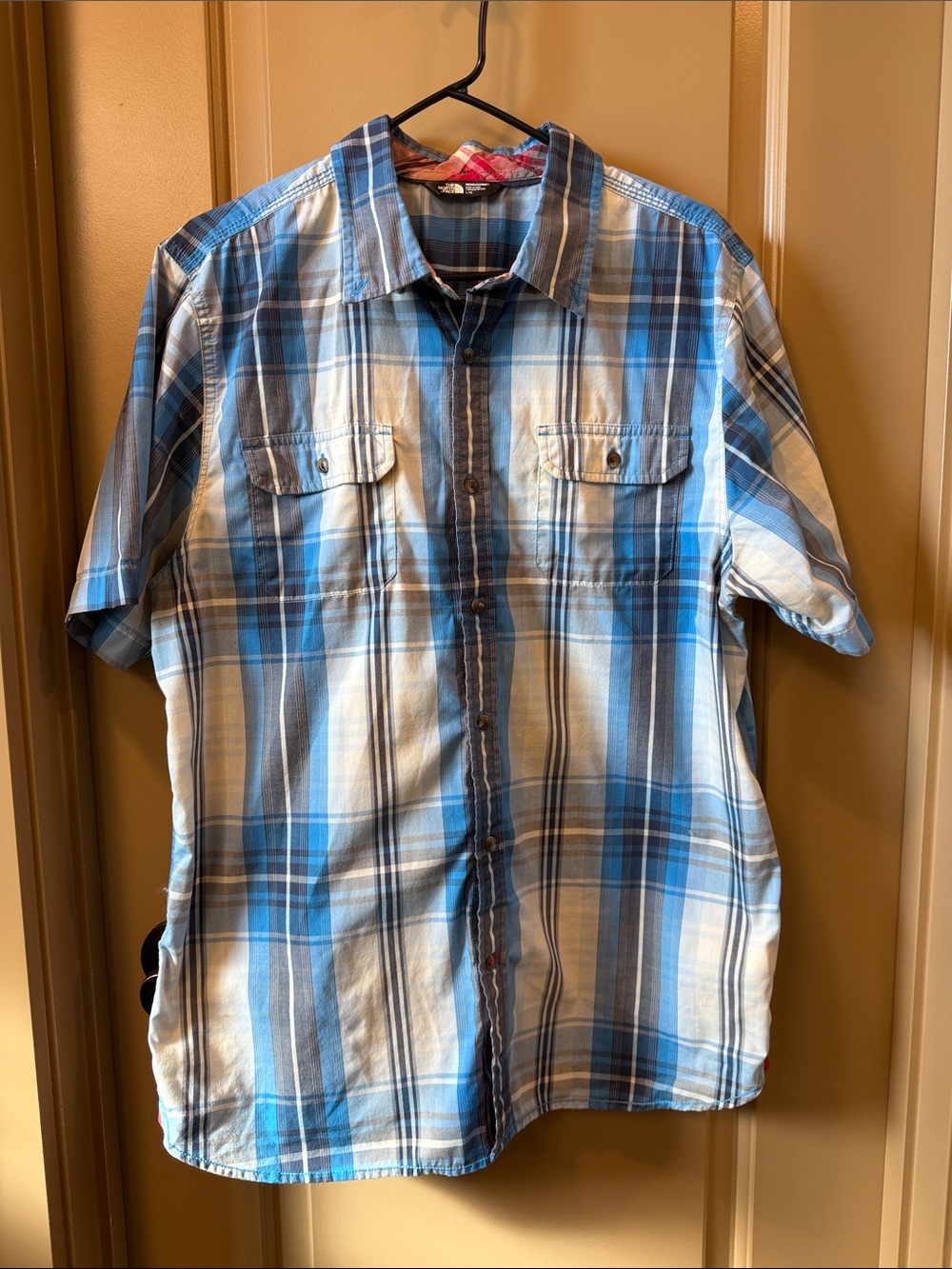The North Face Blue and White Plaid Short-Sleeve Button-Down Shirt